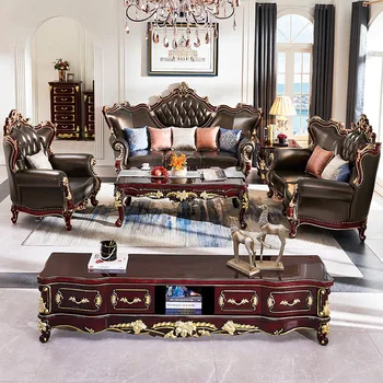 Европейский кожаный диван из массива дерева, элитная вилла, гостиная, роскошный резной диван из воловьей кожи