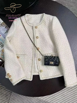 Женская куртка New Small Fragrance Coat 2023 Осень-зима, Корейская мода, Белоснежные Французские короткие топы из твида