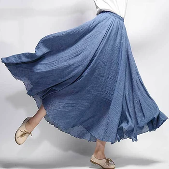 Плиссированные юбки Макси с эластичным поясом, женские льняные хлопковые длинные юбки, пляжные винтажные летние юбки в стиле бохо 2023