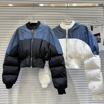 2023 Зима, новое поступление, джинсовое пальто в стиле пэчворк на молнии, тонкая талия, хлопчатобумажное пальто, женская короткая куртка GM413