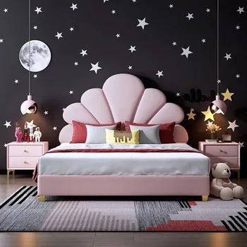 Роскошная детская кровать Pink Girl Ins Wind Онлайн Кровать знаменитостей 1,5 м Кожаная кровать Girls Dream Кровать принцессы в скандинавском стиле Кровать для детей