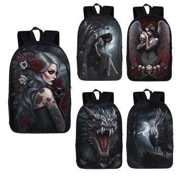 Темно-готический рюкзак с принтом черепа ангела/панка, воющий волк и дракон, школьные сумки для студентов, женский рюкзак для ноутбука, подарок для мужчин