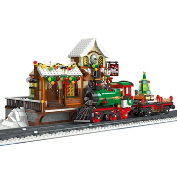 MOC Creative Expert City Рождественский зимний вокзал со светодиодными строительными блоками, игрушки-просветители 
